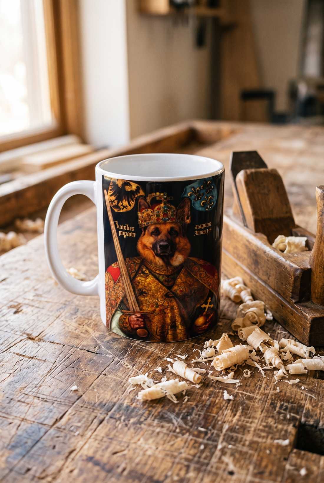 Personalisierte Tasse mit Hund als Kaiser auf einer Werkbank