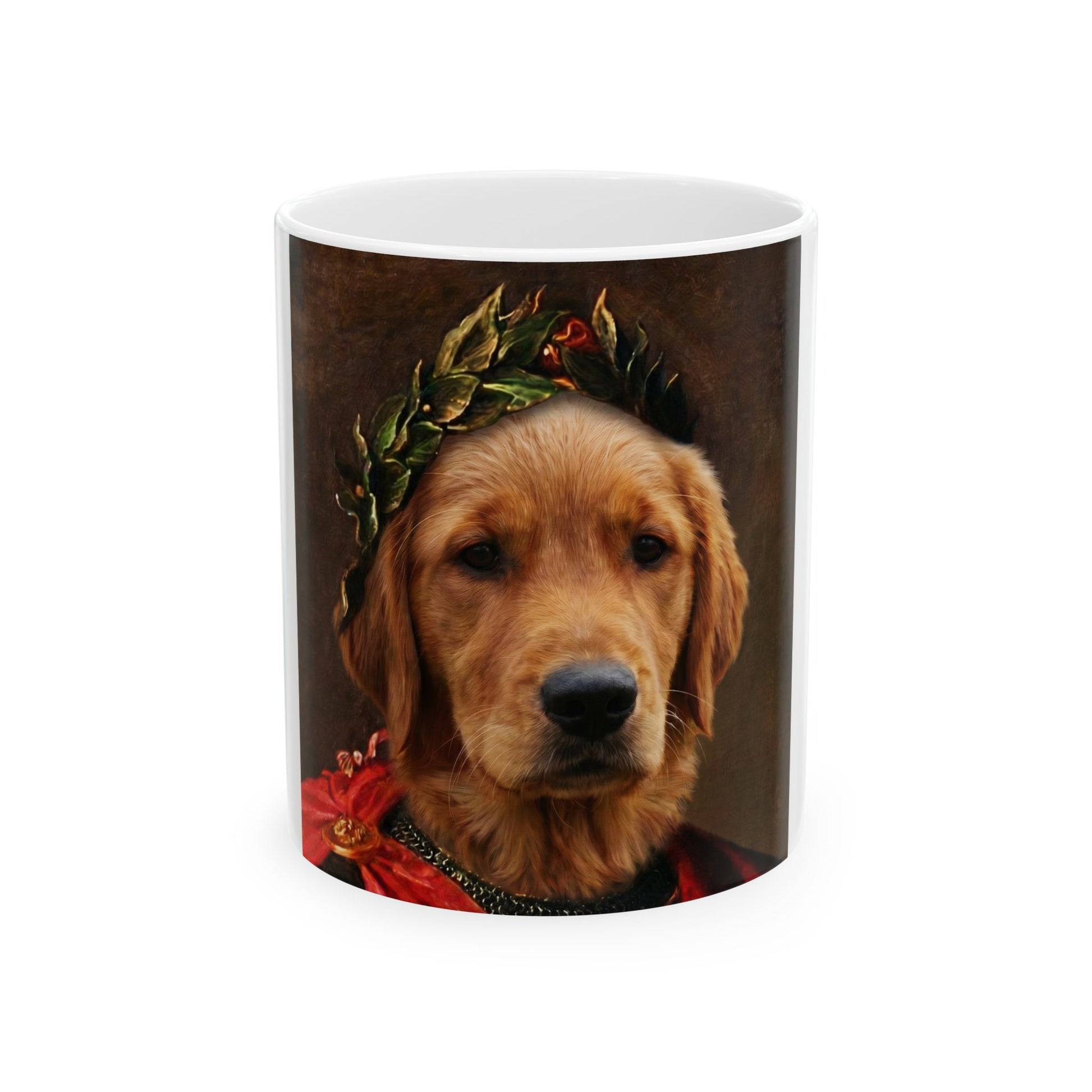 Haustier-Tasse Roemischer Kaiser - Hund mit Lorbeerkranz, Frontansicht