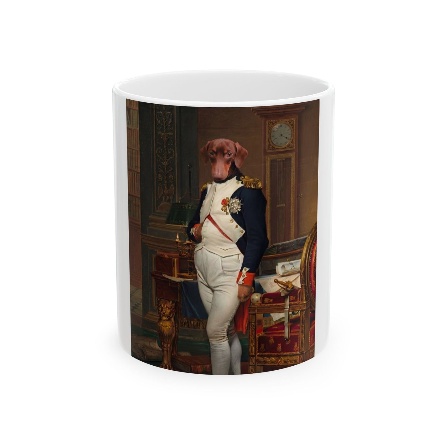Haustier-Tasse Napoleon - Hund als Napoleon im Arbeitszimmer, Frontansicht